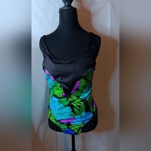 Gantner of California Women's 16 Teal/Purple/Green Tropical Flowers/Leaves